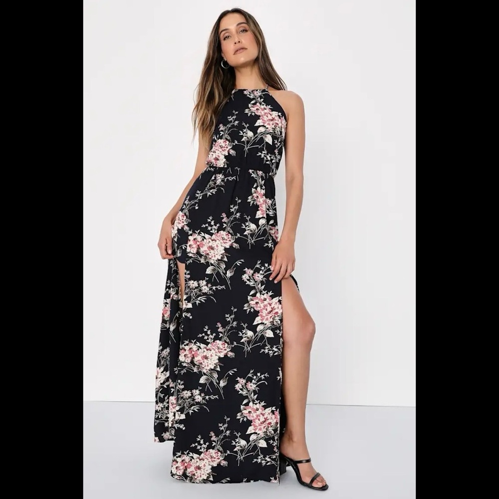 NWT LULUS Feel the Music Midnight Blue Floral Print Maxi Dress